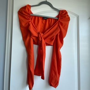 Orange pebble crepe puff long sleeve tie crop blouse